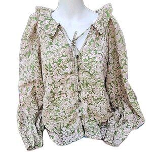 Anthropologie Boho Beige & GreenFloral Baloon Sleeve Boho Peasant Blouse Sz XL